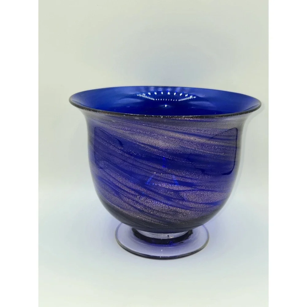 Cobalt Blue Art Glass Pedestal Vase Aventurine Swirl Hand Blown‎ Bowl Form